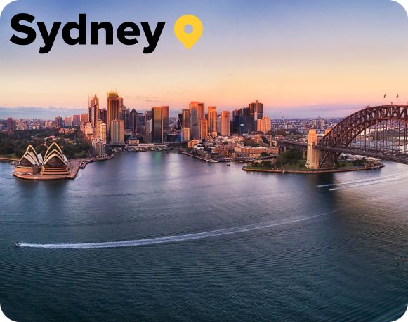 Cityscape of Sydney harbor and bridge at sunset Sydney Australia 